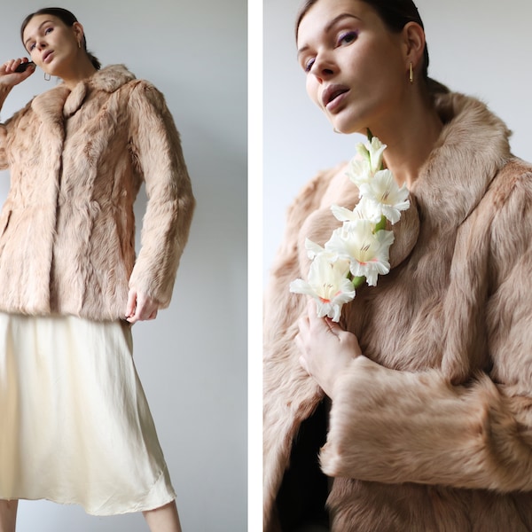 Vintage shaggy blush beige genuine fur warm winter wear jacket coat S M