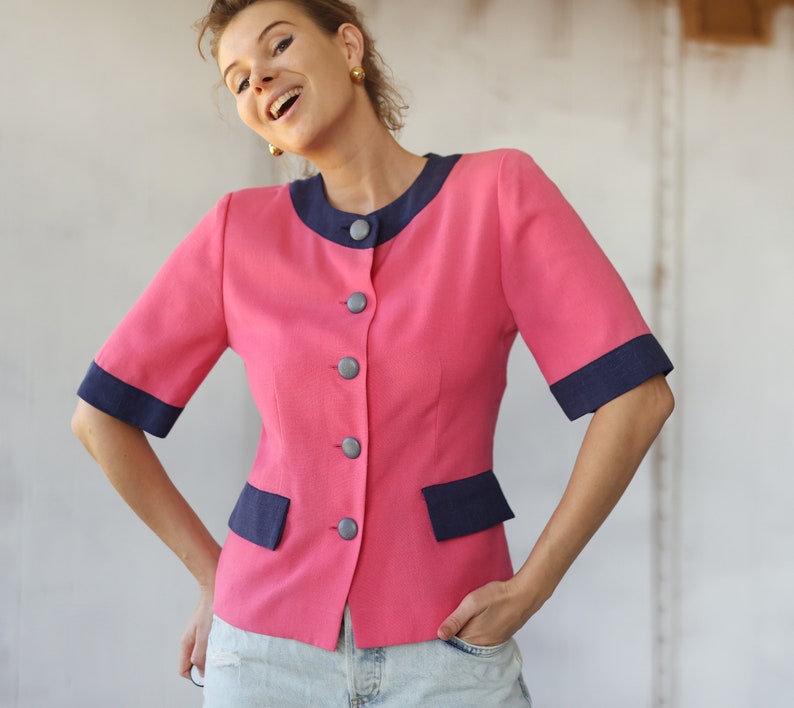 BALENCIAGA Vintage-Blazer rosa blau Kurzarm-Top S Bild 1