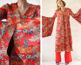 Vintage red extra wide sleeve ankle length maxi kimono coat dress