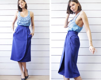 COURREGES Paris Space Age vintage electric blue wool high waist asymmetric wrap pencil midi skirt XS