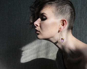 Faceted purple amethyst gold long earrings