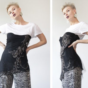 Haut chemisier corset sans bretelles vintage noir avec broderies en résille KAREN MILLEN M