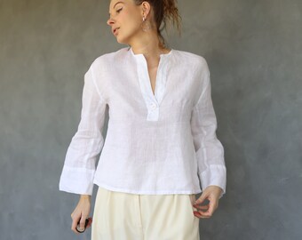 Vintage White Pure Linen Relaxed Fit Long Sleeve Shirt