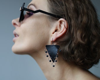 Handmade black leather geometric long oversized earrings