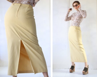 Vintage yellow raw silk simple straight high waist maxi skirt S M