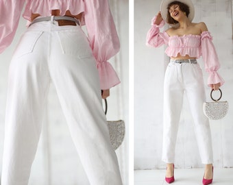 Vintage white cotton denim high waist tapered leg mom style jeans pants M