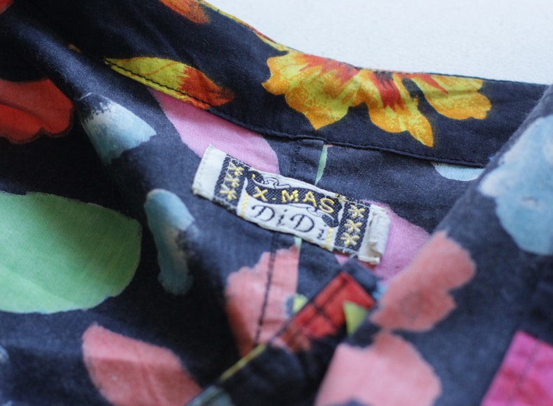 Vintage black colorful floral print cotton long sleeve button up shirt blouse top L XL