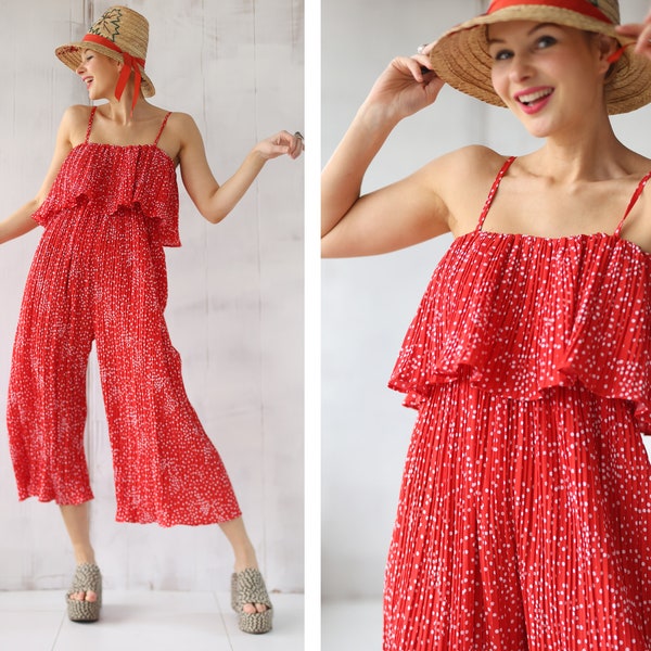 Vintage red white dot pleated wide leg culottes one piece overalls jumpsuit