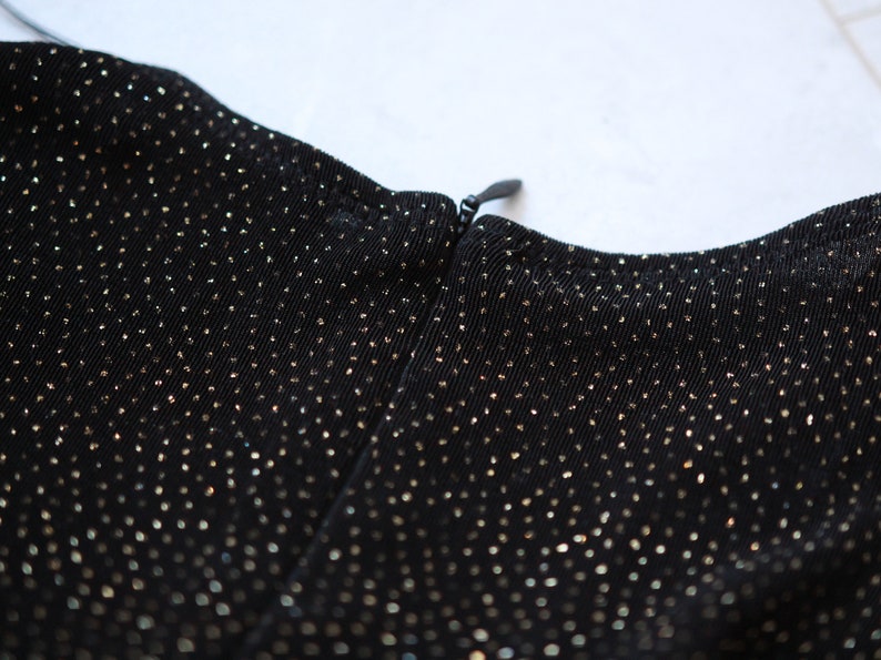 80s Vintage black gold dot print defined bustier above the knee length midi dress S image 8