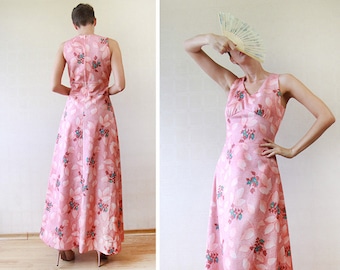 Peach pink floral print sleeveless floor length maxi dress S