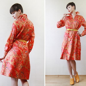 Red yellow floral print pure silk long sleeve knee length dress