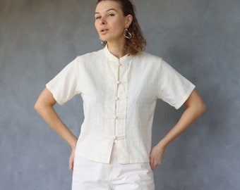 Vintage off white textured cotton Chinese knot button blouse top