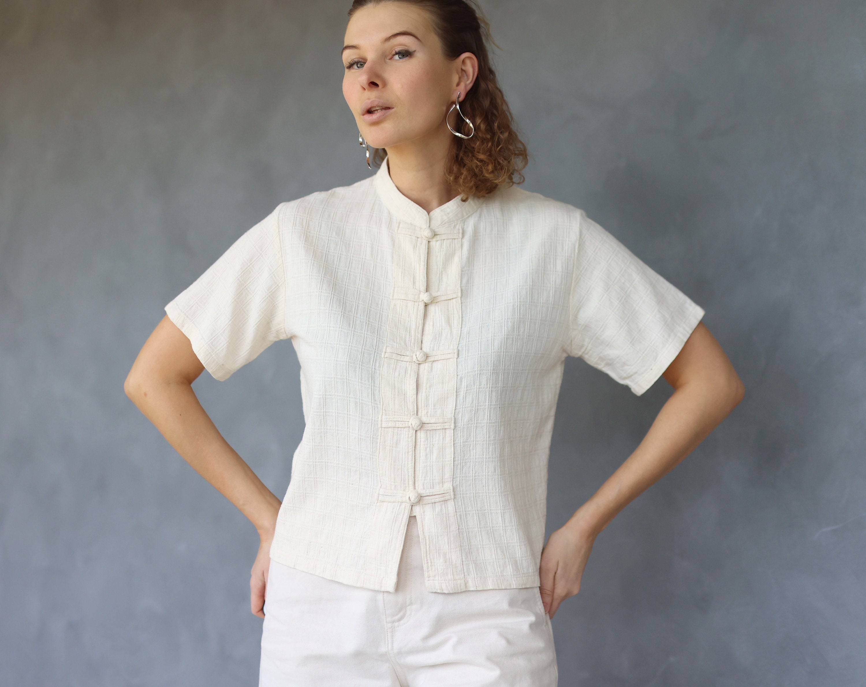 【爆売り！】 Vintage off Blouse Button Knot Chinese Cotton Textured White トップス