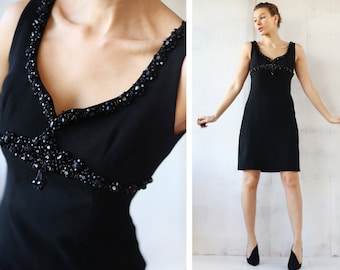 60s Mod vintage black wool slim sleeveless beaded midi dress S