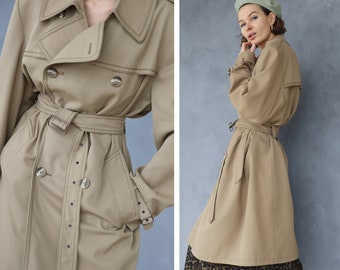 Unisex Vintage beige classic double breasted mid season belted oversized trench coat