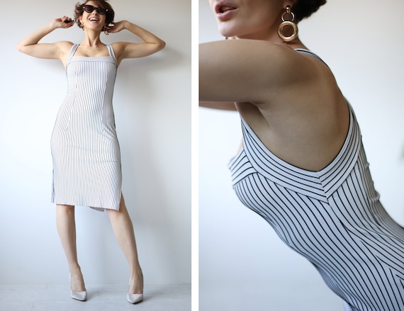 Vintage White Black Ribbed Striped 