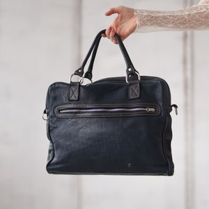 Vintage blue black leather large holdall travel sports unisex men women duffle bag image 3