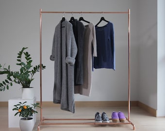 Handmade minimalist industrial interior pure copper rose gold tone clothes hanger display frame rack wardrobe storage stand rail