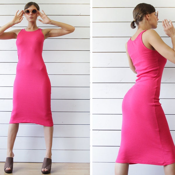 Vintage simple minimalist bright pink fitted bodycon over the knee length sleeveless sheath pencil dress S