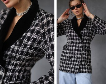 LAUREL vintage black white wool boucle slim fitted waist double breasted longline blazer jacket XS S