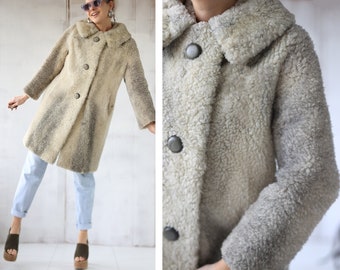Vintage soft genuine fur winter outerwear knee length coat S