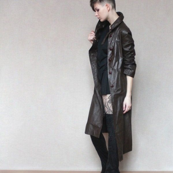 Long leather coat in dark brown