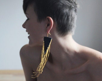 Handmade blue leather geometric golden chain fringe long oversized earrings