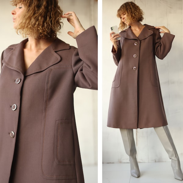 Manteau vintage des années 60 en laine marron simple boutonnage d'hiver L