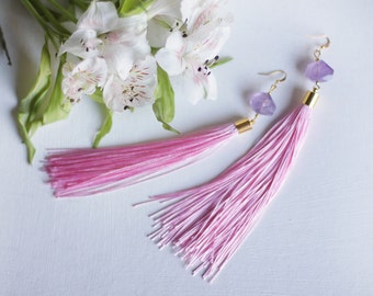 Handmade pink silk tassel faceted purple amethyst stone shoulder long gold tone earrings
