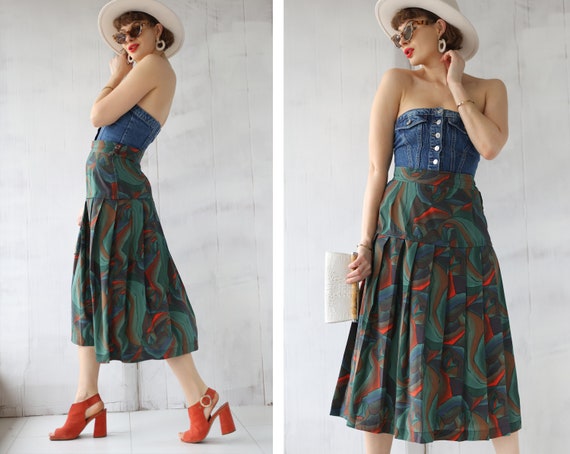Vintage green abstract print pleated high waist m… - image 2