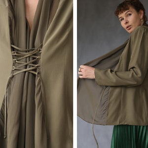 Vintage khaki green shawl collar lace up blouse top