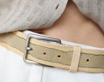 Vintage beige green leather waist hip belt