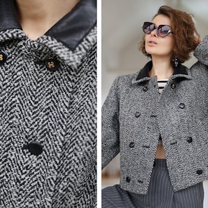Vintage black white wool leather collar jacket