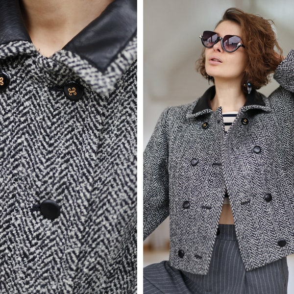 veste vintage à col en cuir et laine noire et blanche