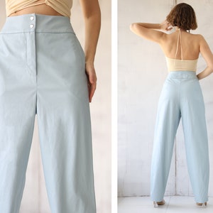 Vintage sky blue faux leather high waist wide tapered leg pants trousers L