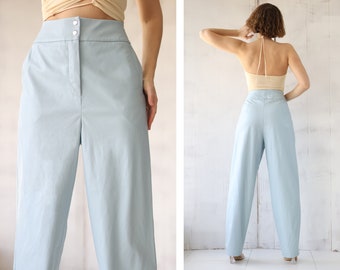 Vintage sky blue faux leather high waist wide tapered leg pants trousers L