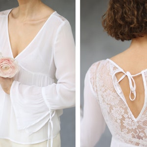 Vintage white lace shoulder V neck blouse top XS