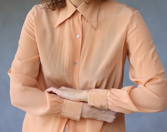 Italian Vintage peach pink silk long sleeve button up shirt blouse top S