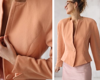 80s Vintage peach pink wool cashmere waisted blazer jacket S