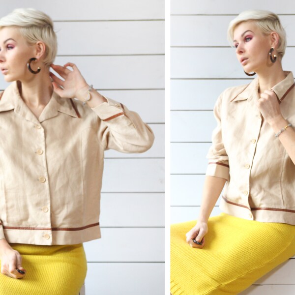 MAX MARA Vintage beige pure linen leather trim long sleeve shirt jacket blouse top M L