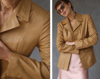 Vintage beige leather single breasted blazer jacket M