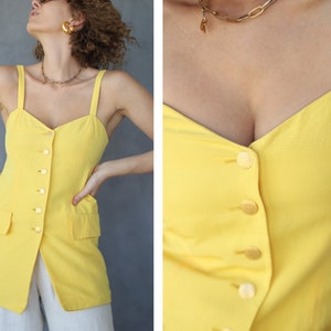 Vintage yellow button up hip blouse top XS