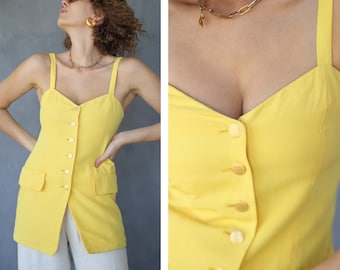 Vintage yellow button up hip blouse top XS