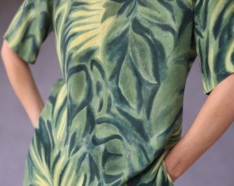 Vintage green tropical leaf print short sleeve blouse top