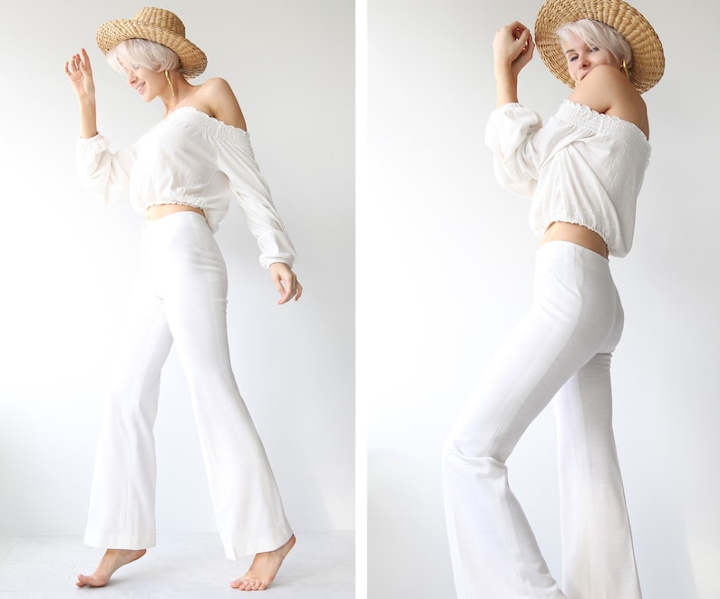 70s Vintage white bell bottom high waist flares pants XS