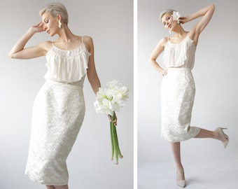 Vintage cream white lace high waist over the knee wedding party midi skirt S M