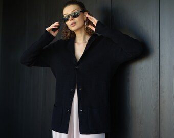 Vintaged wool cashmere navy blue black cardigan sweater