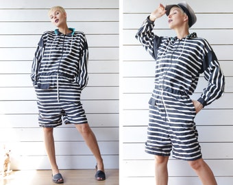 Vintage golf black white horizontal striped one piece overall romper jumpsuit long sleeve jacket shorts suit S