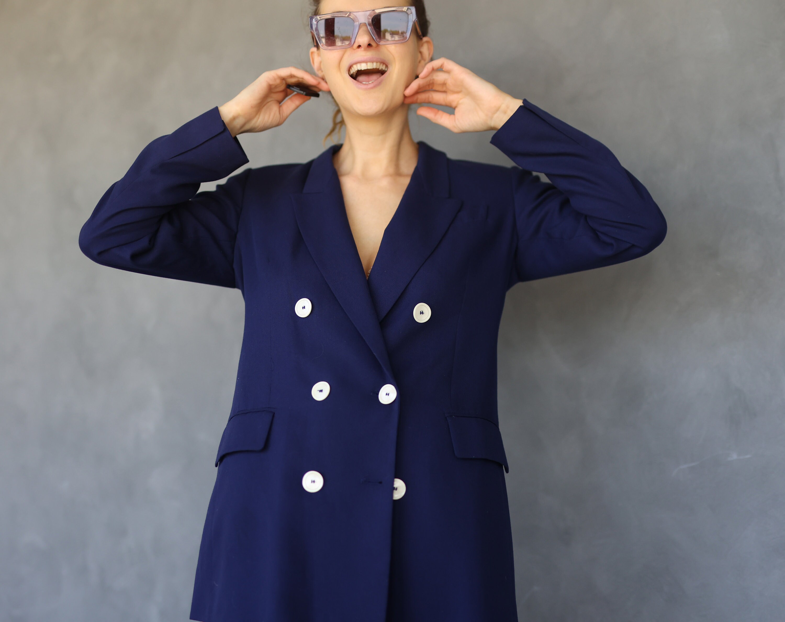Vintage blue double breasted women long blazer S