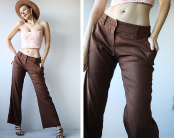 TRINA TURK Vintage brown linen low waist wide leg summer pants trousers XS